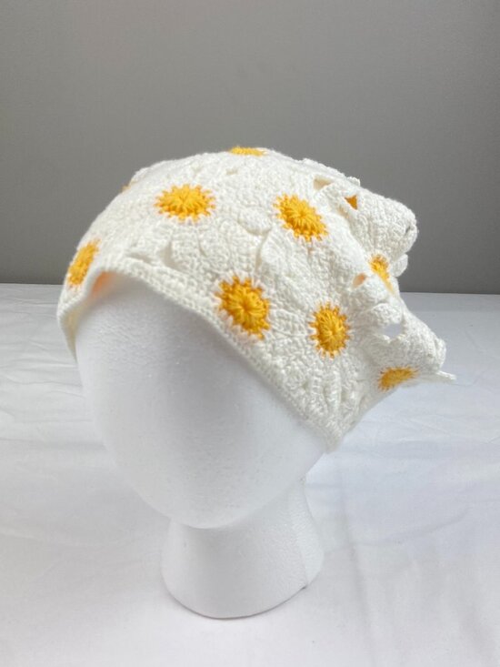 Accessories - Crochet White & Yellow Daisy Head Scarf Half Bandana Summer Boho Festival